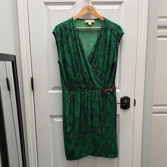 MICHAEL KORS Belted Green Paisley Short Sleeve Wrap Dress Size XL - Picture 1 of 5